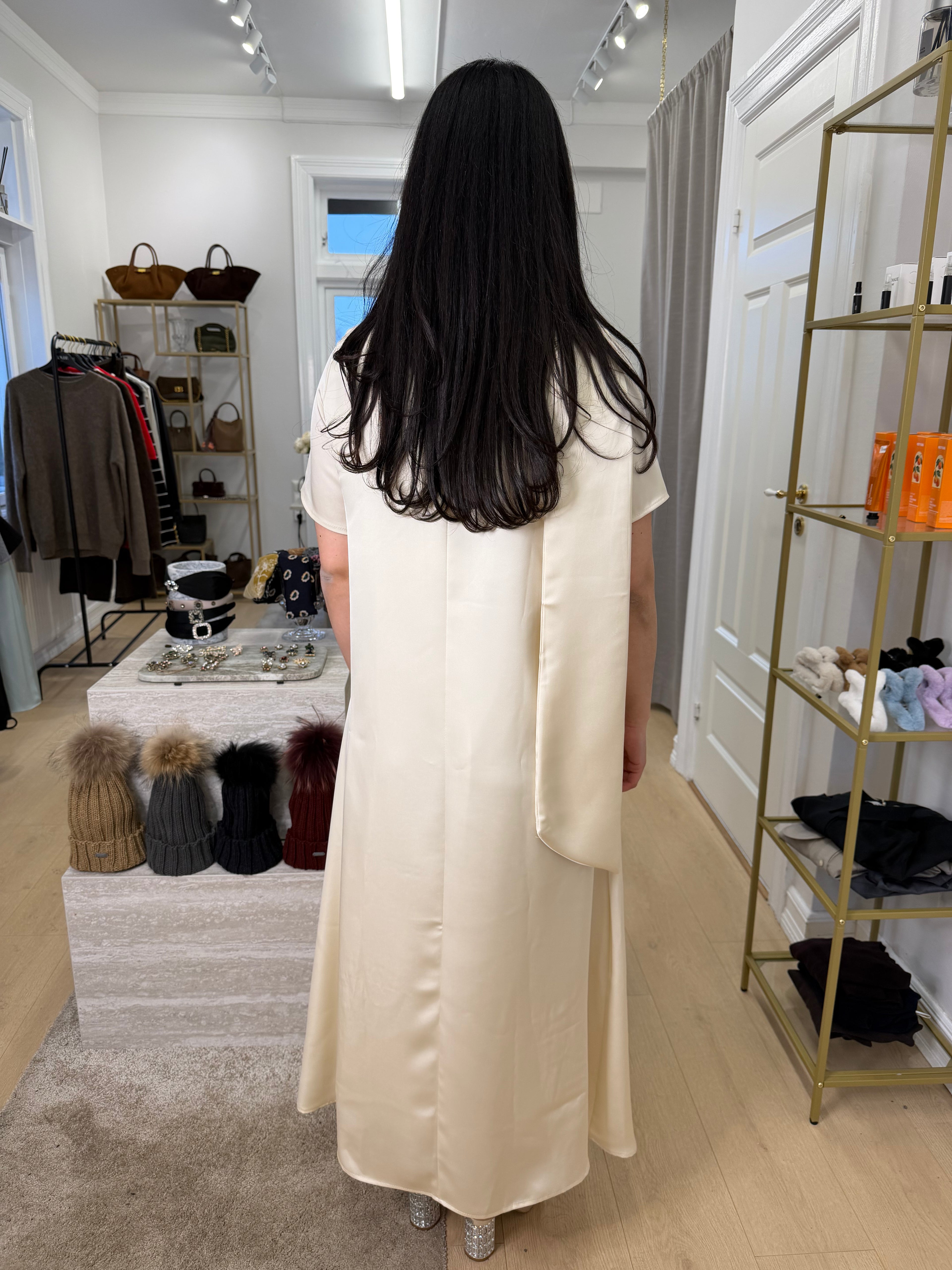 Sleeved Scarfed Satin Dress