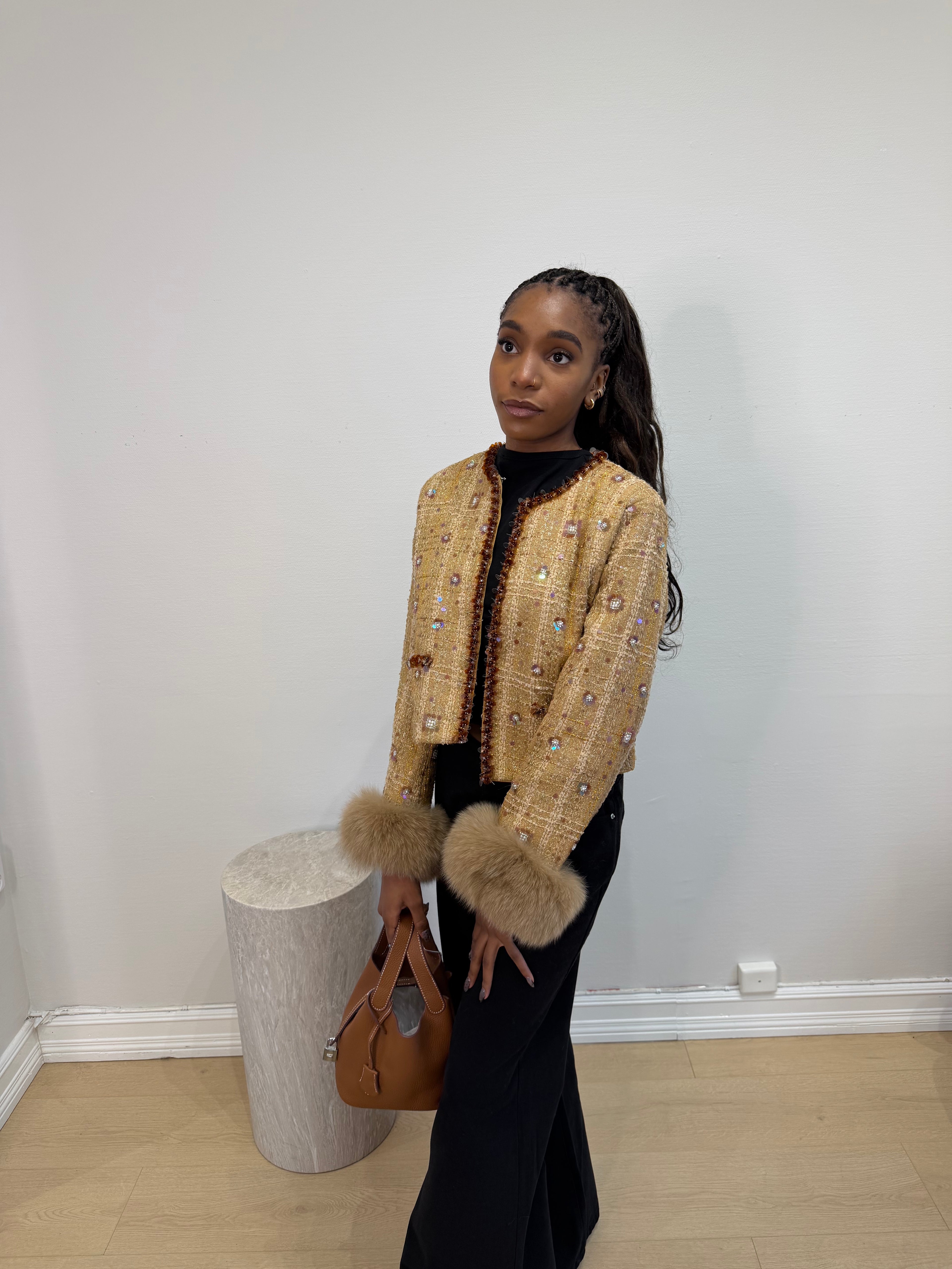 Caramel Down Jacket with Fur Cuffs