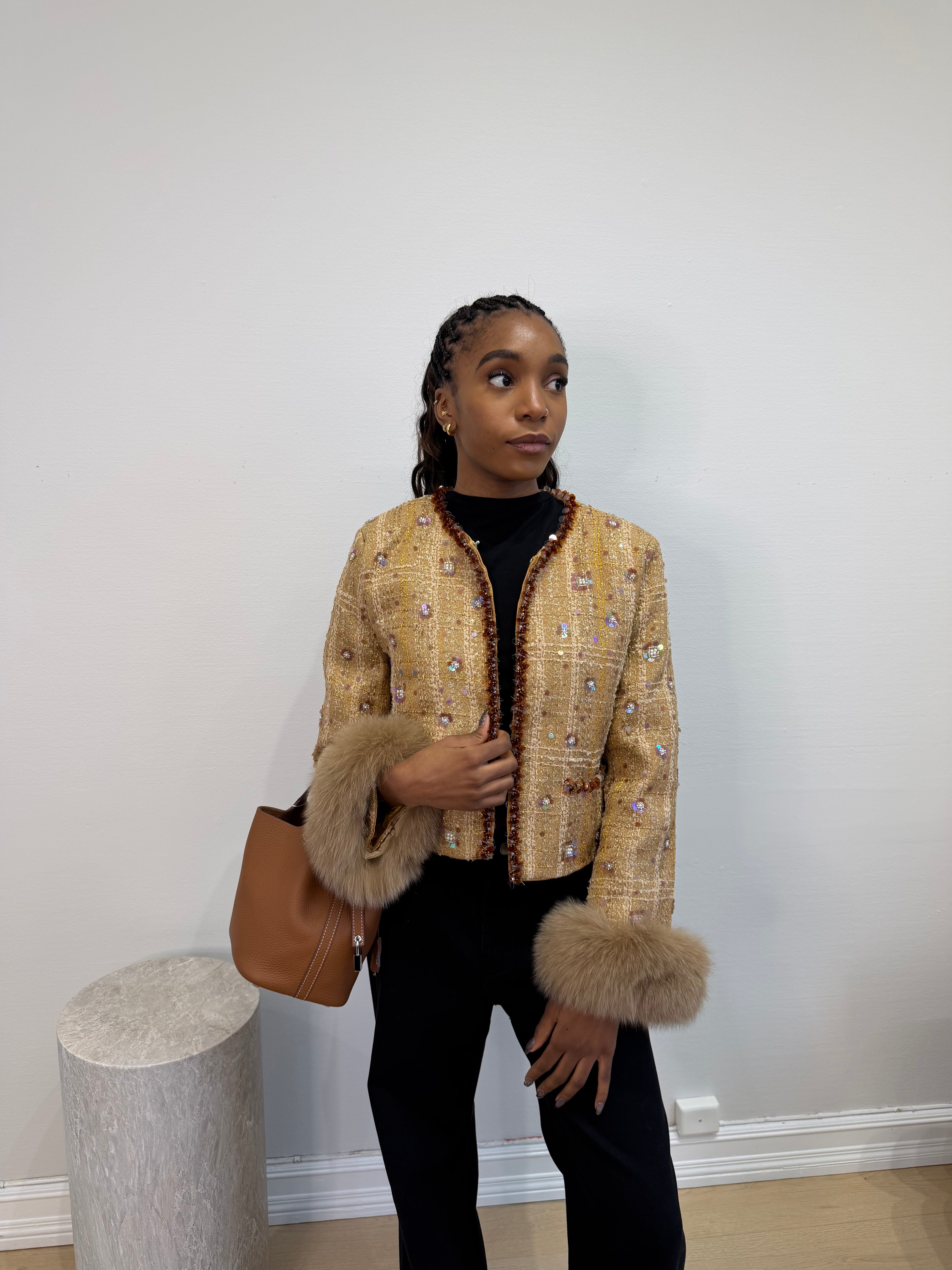 Caramel Down Jacket with Fur Cuffs