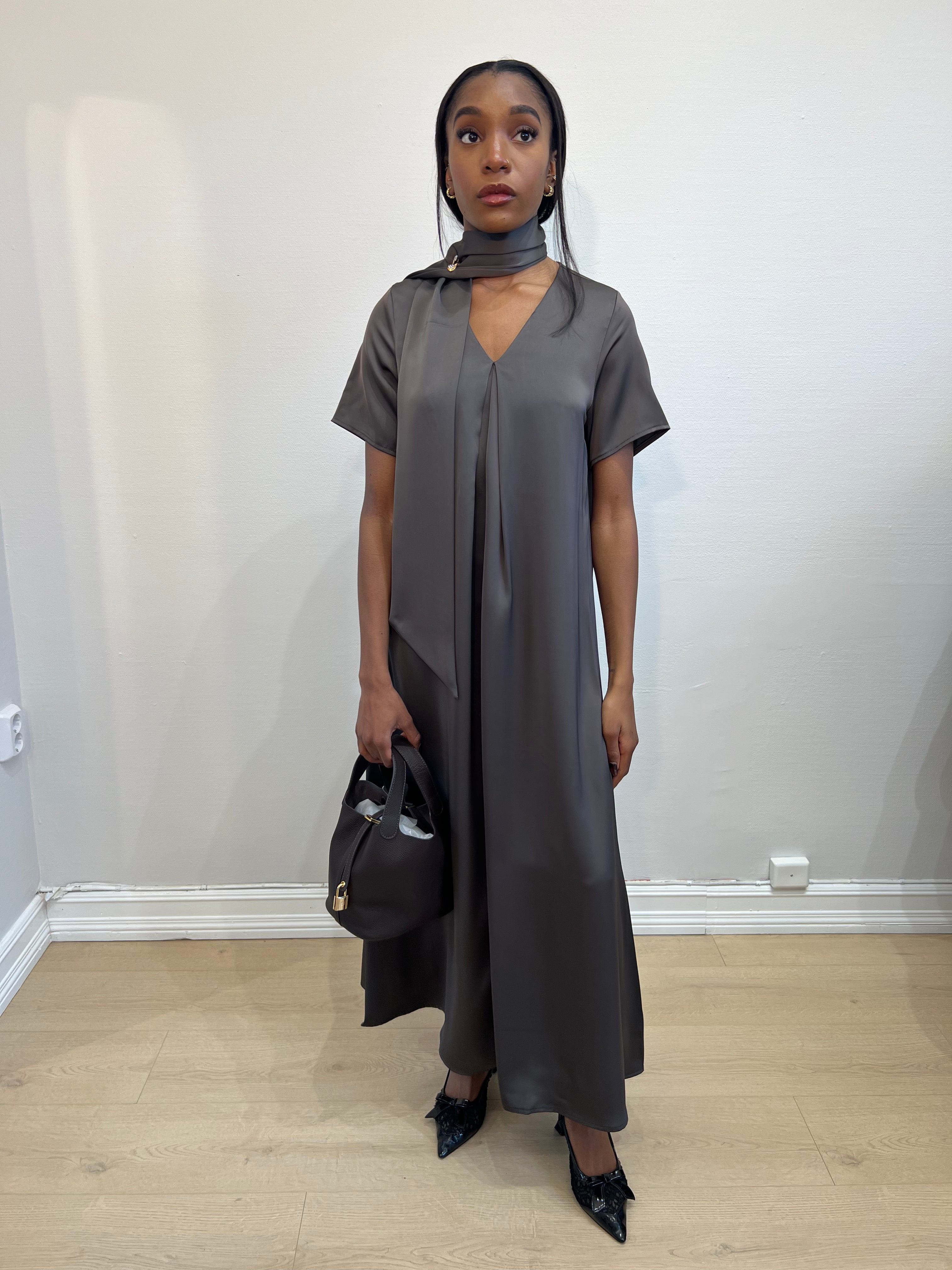 Sleeved Scarfed Satin Dress