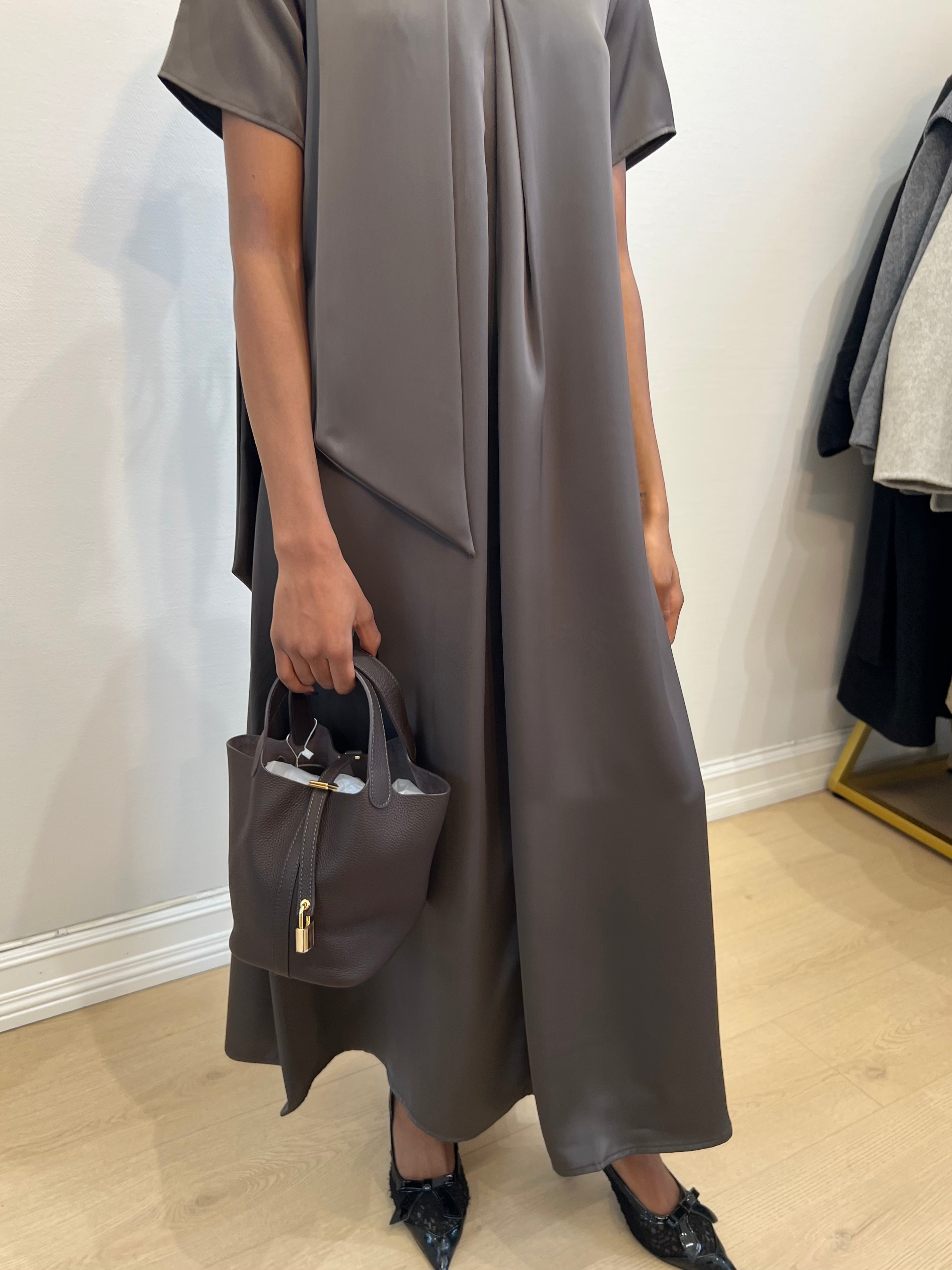 Sleeved Scarfed Satin Dress