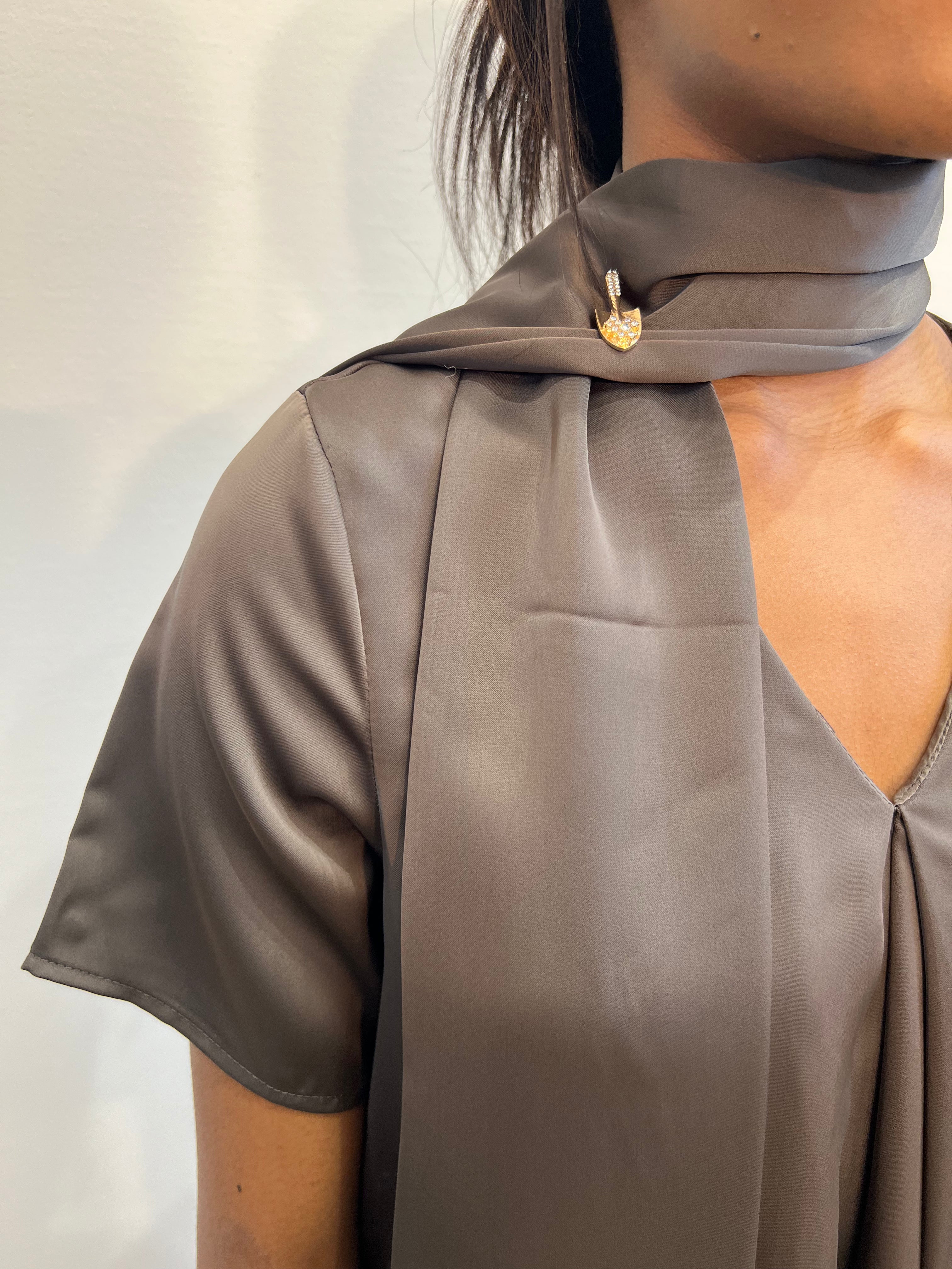 Sleeved Scarfed Satin Dress