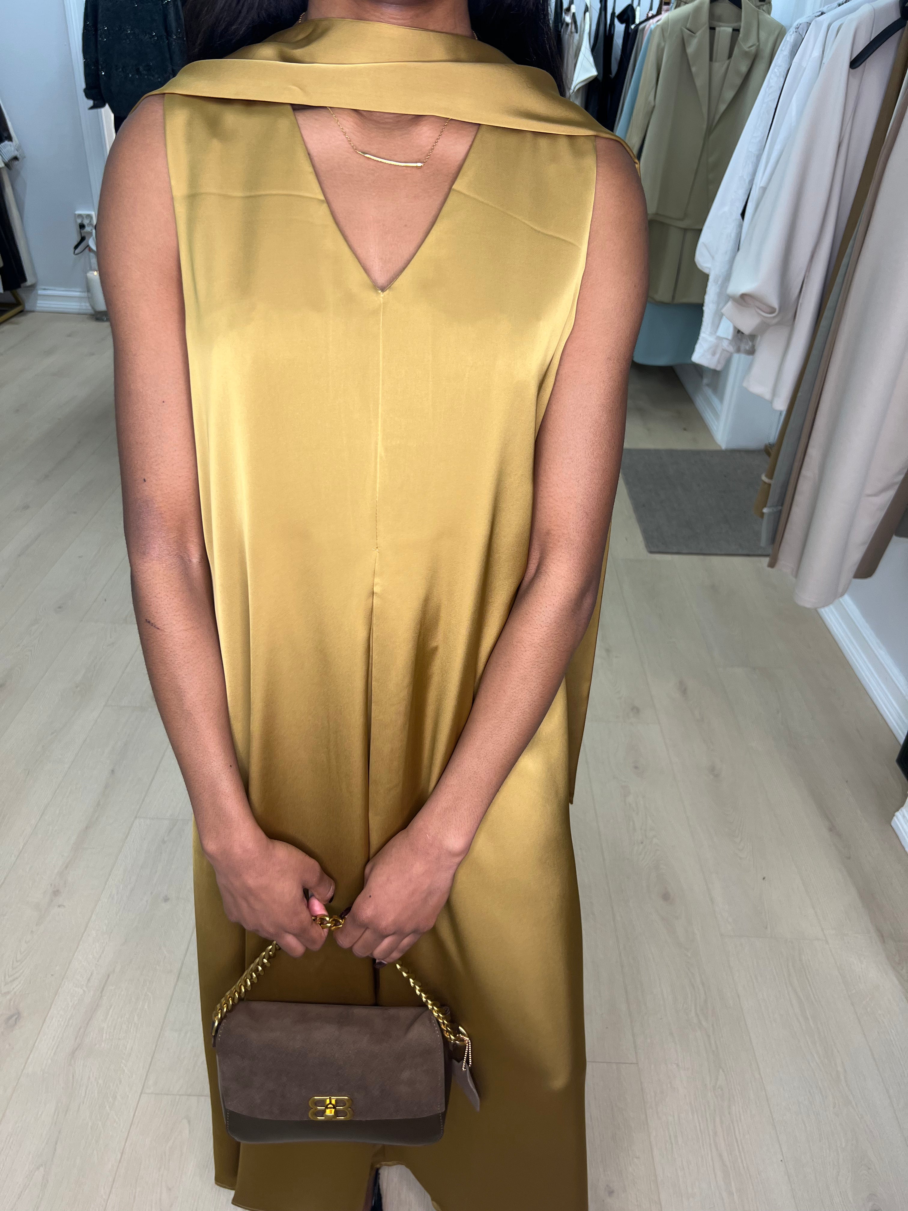 Sleeveless Scarfed Satin Dress