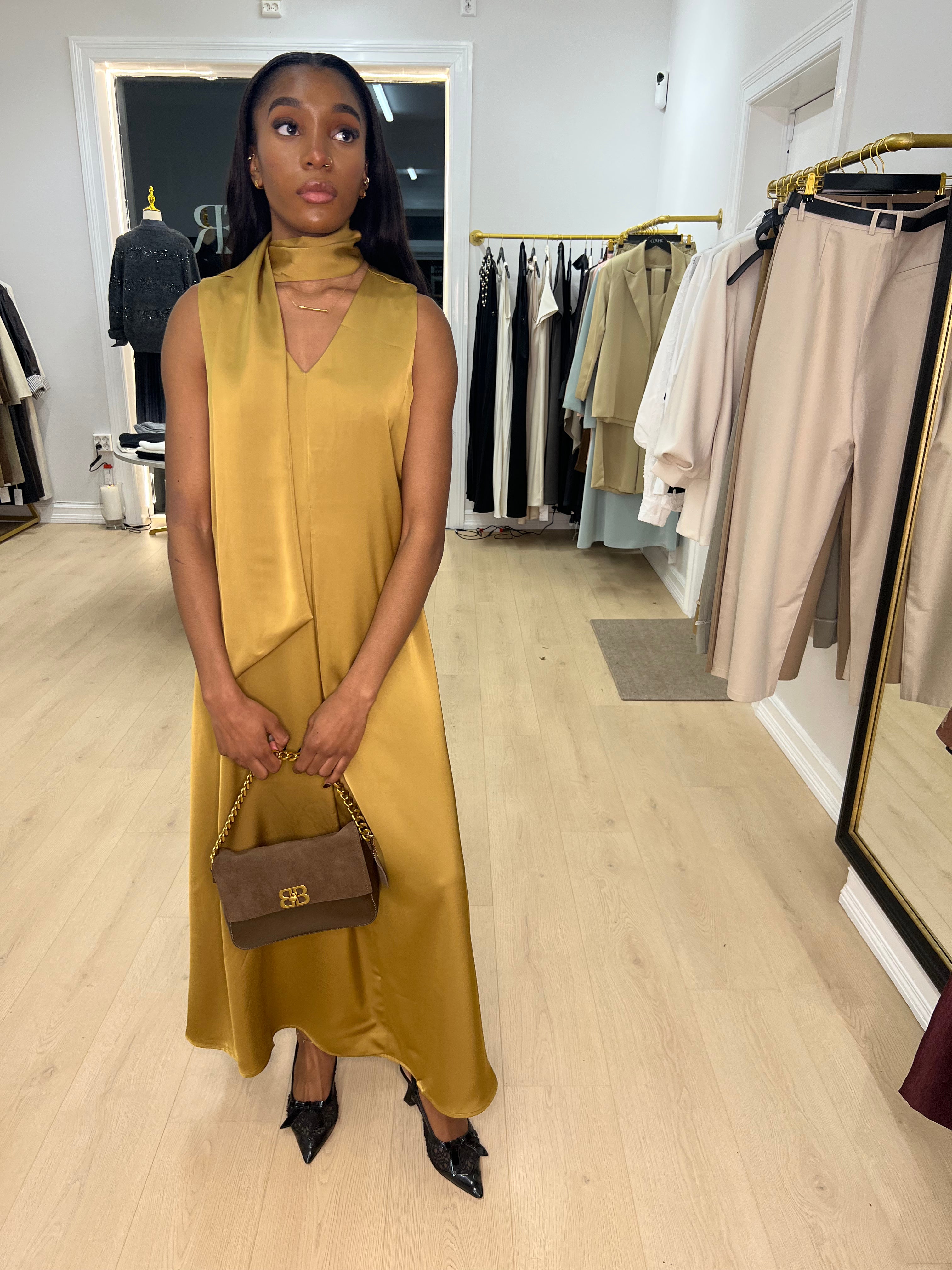 Sleeveless Scarfed Satin Dress