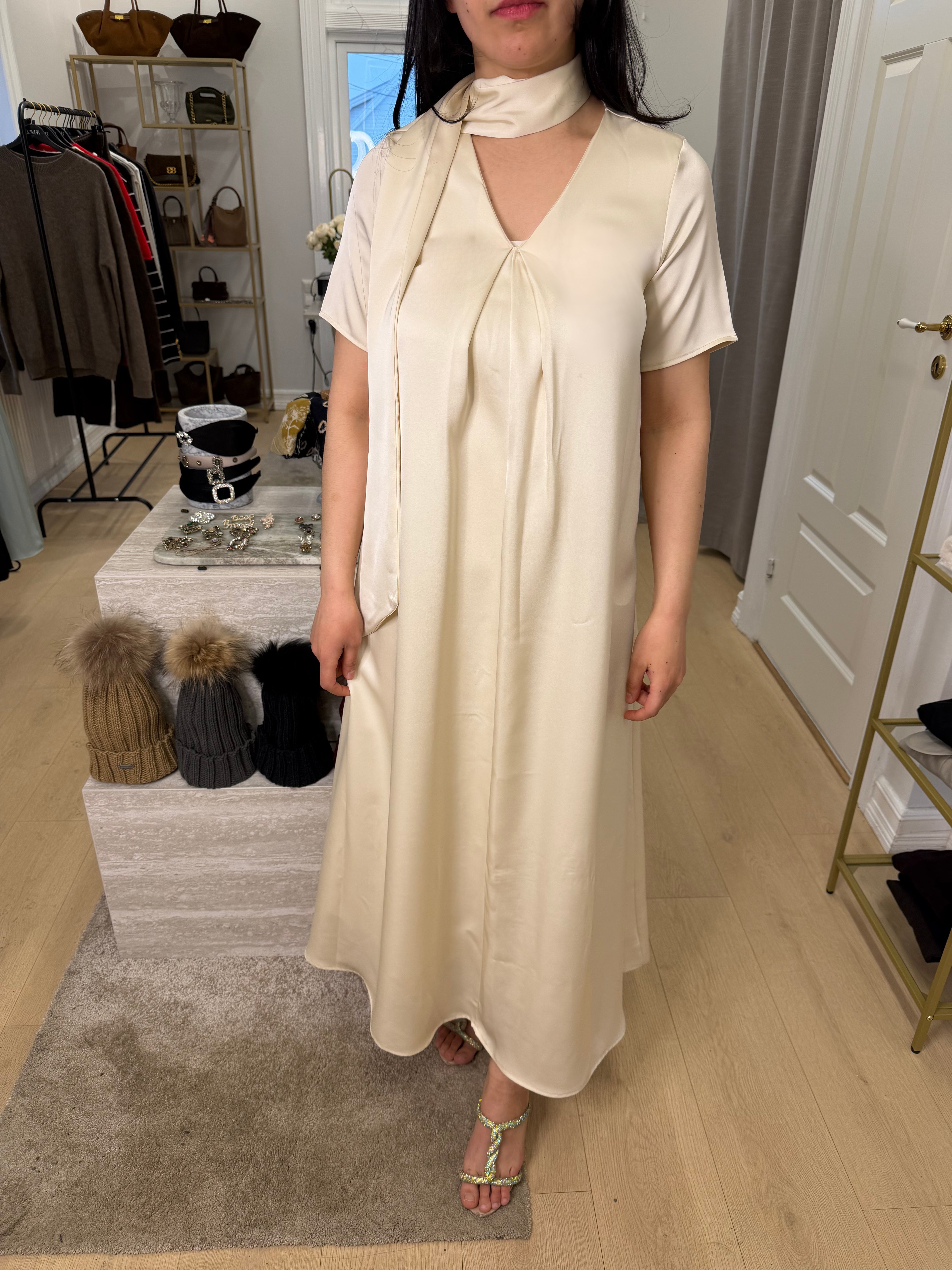 Sleeved Scarfed Satin Dress