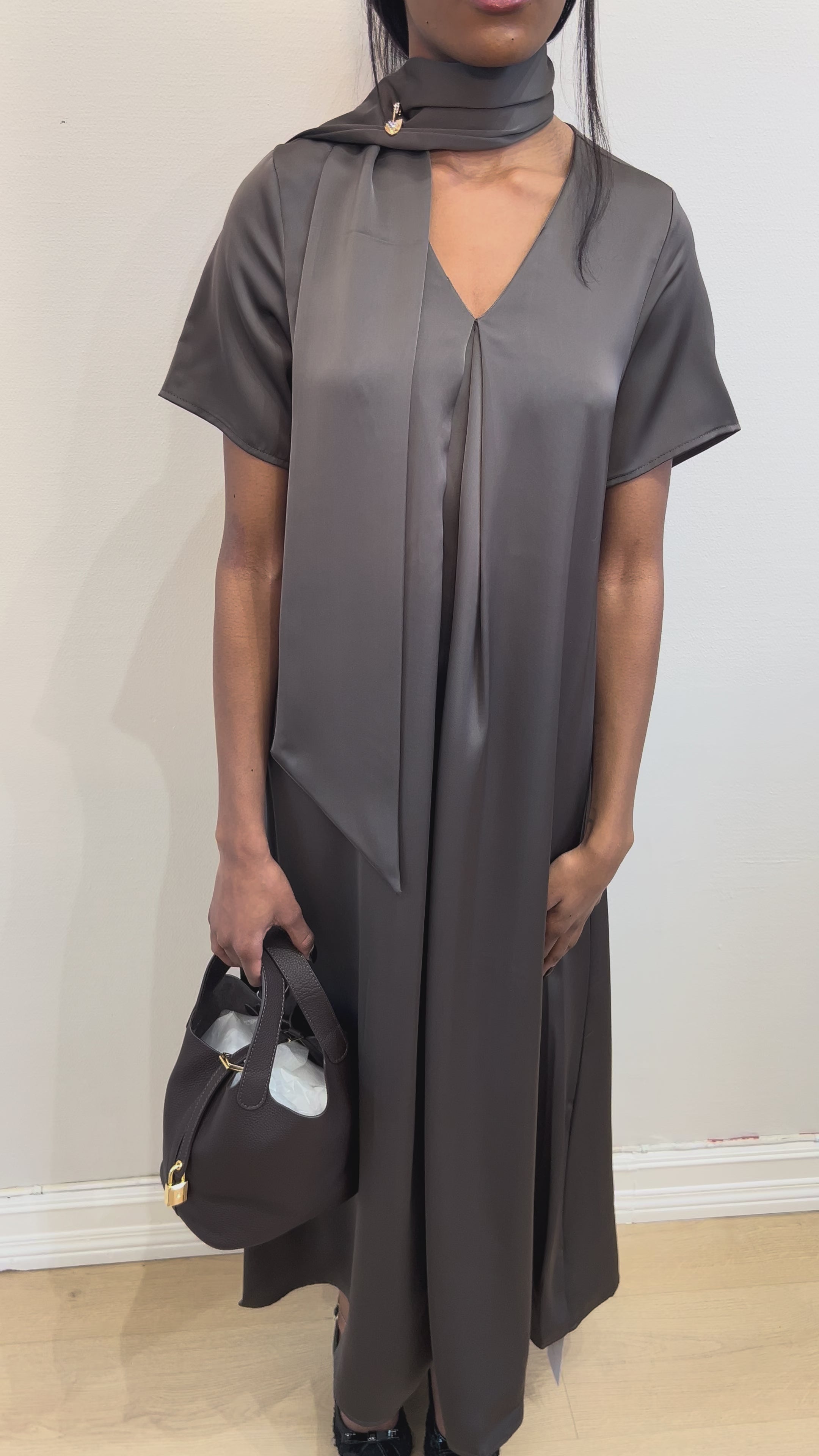 Sleeved Scarfed Satin Dress